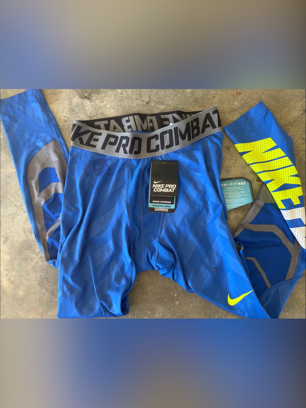 Nike Blue Compression Training Pants with Neon Yellow Accents L NWT